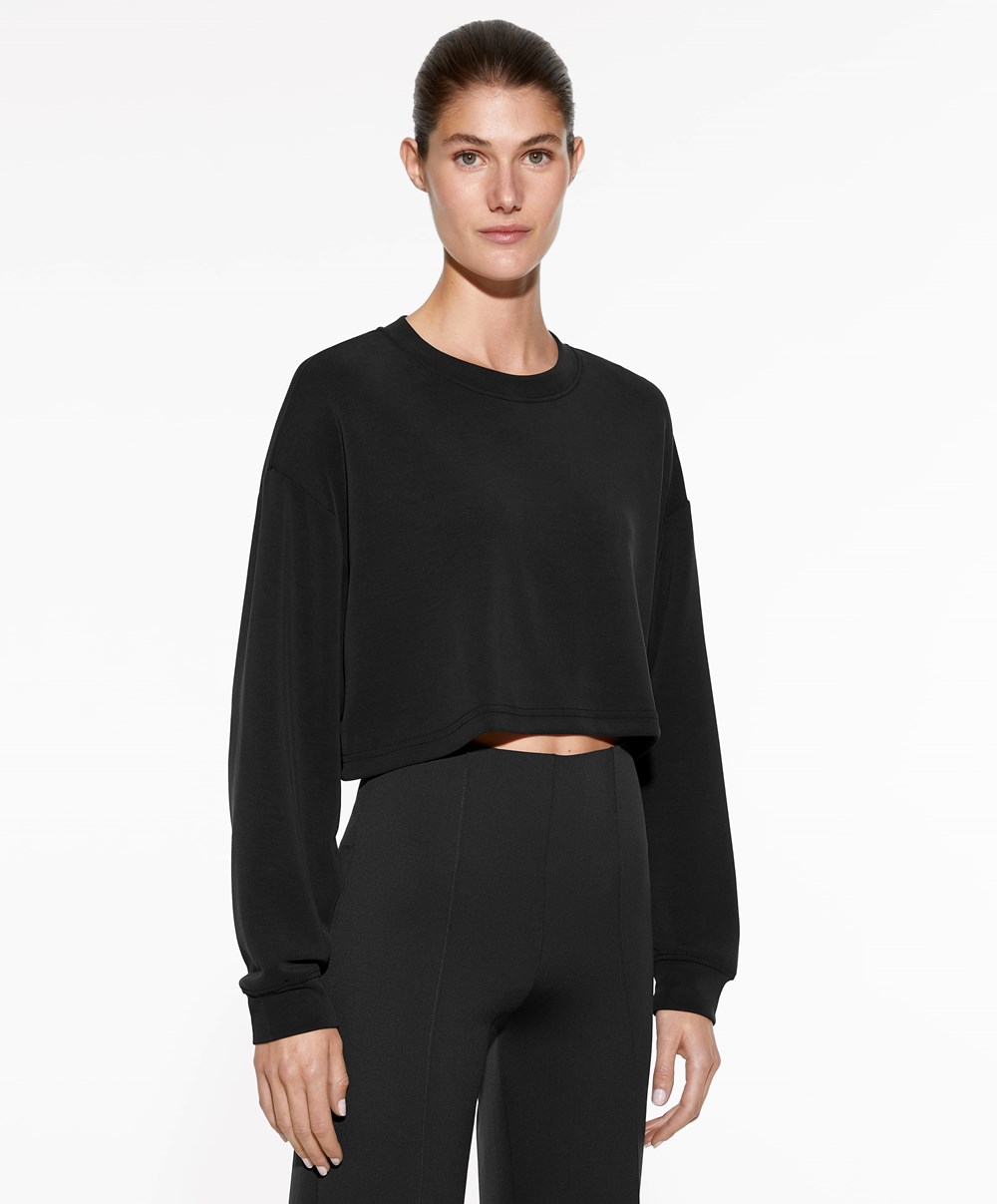 Oysho Crop Modal Sweatshirt Fekete | JTKRXG-096