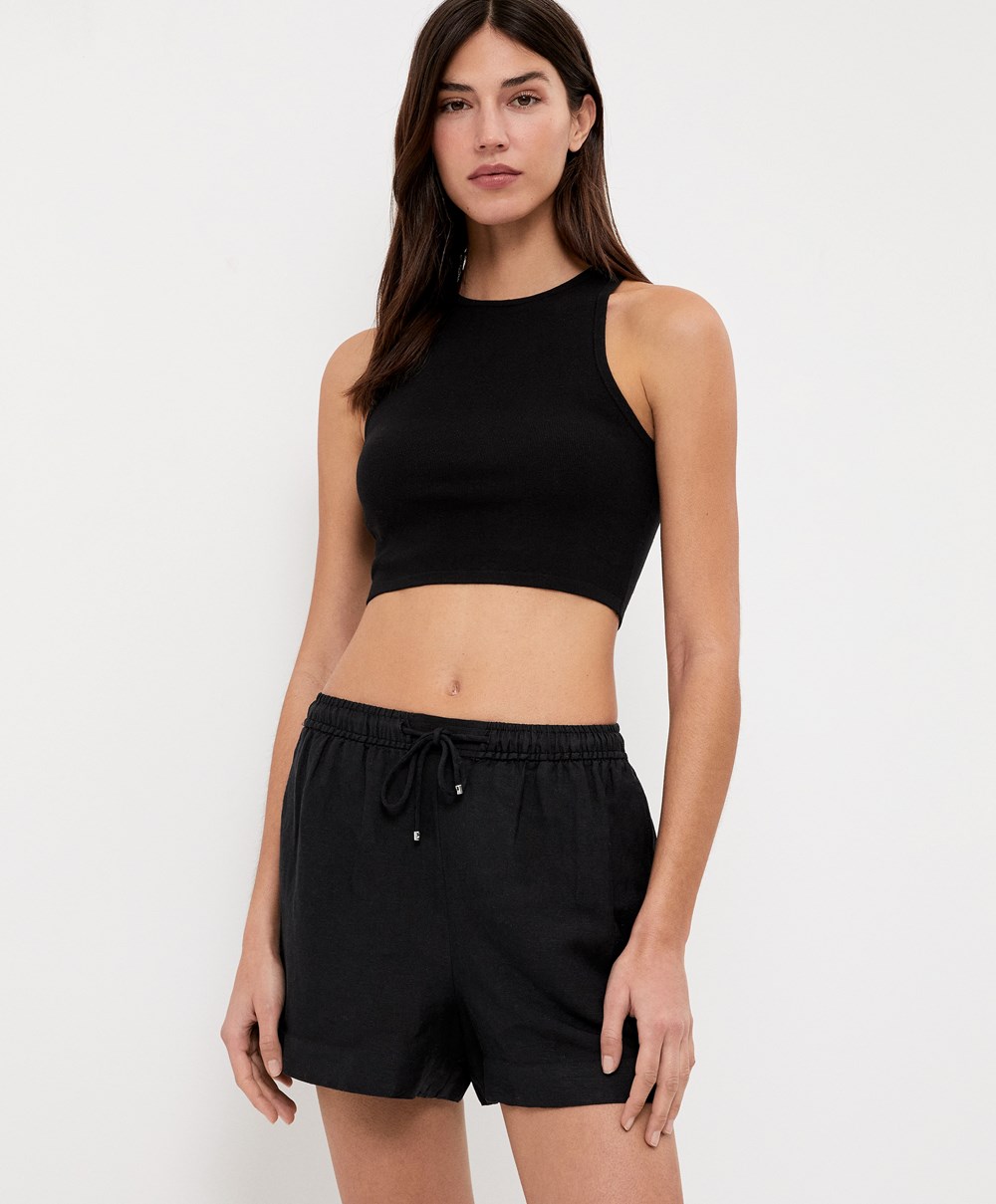 Oysho Cropped Knit Top Fekete | RPWJHC-859