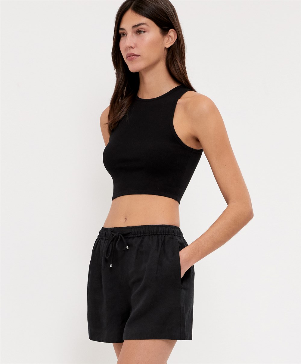 Oysho Cropped Knit Top Fekete | RPWJHC-859