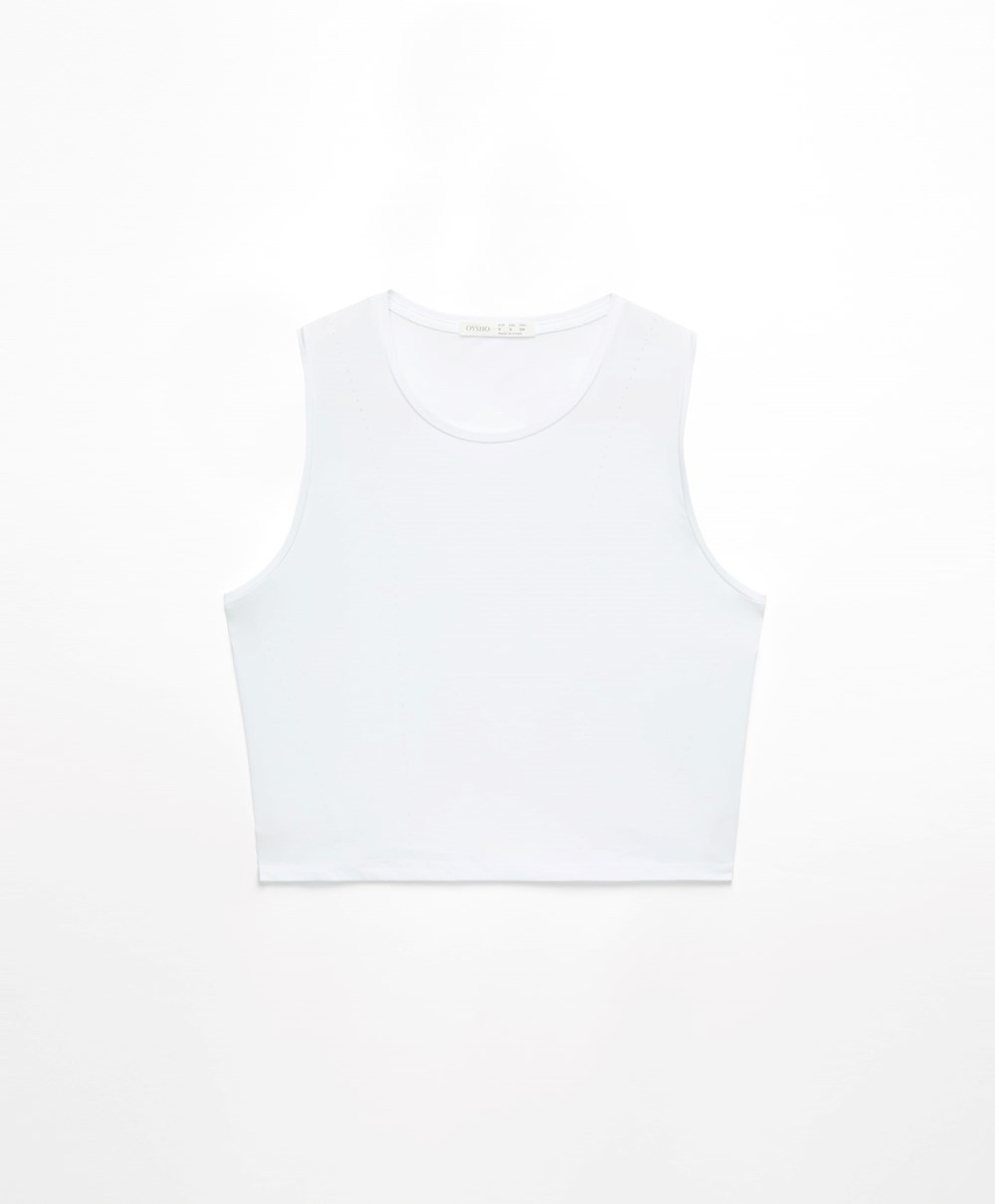 Oysho Cropped Microperforated Technical Ujjatlan T-shirt Fehér | SQBWEV-534