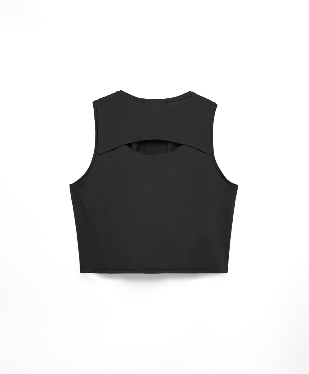 Oysho Cropped Microperforated Technical Ujjatlan T-shirt Fekete | WSEXBU-475