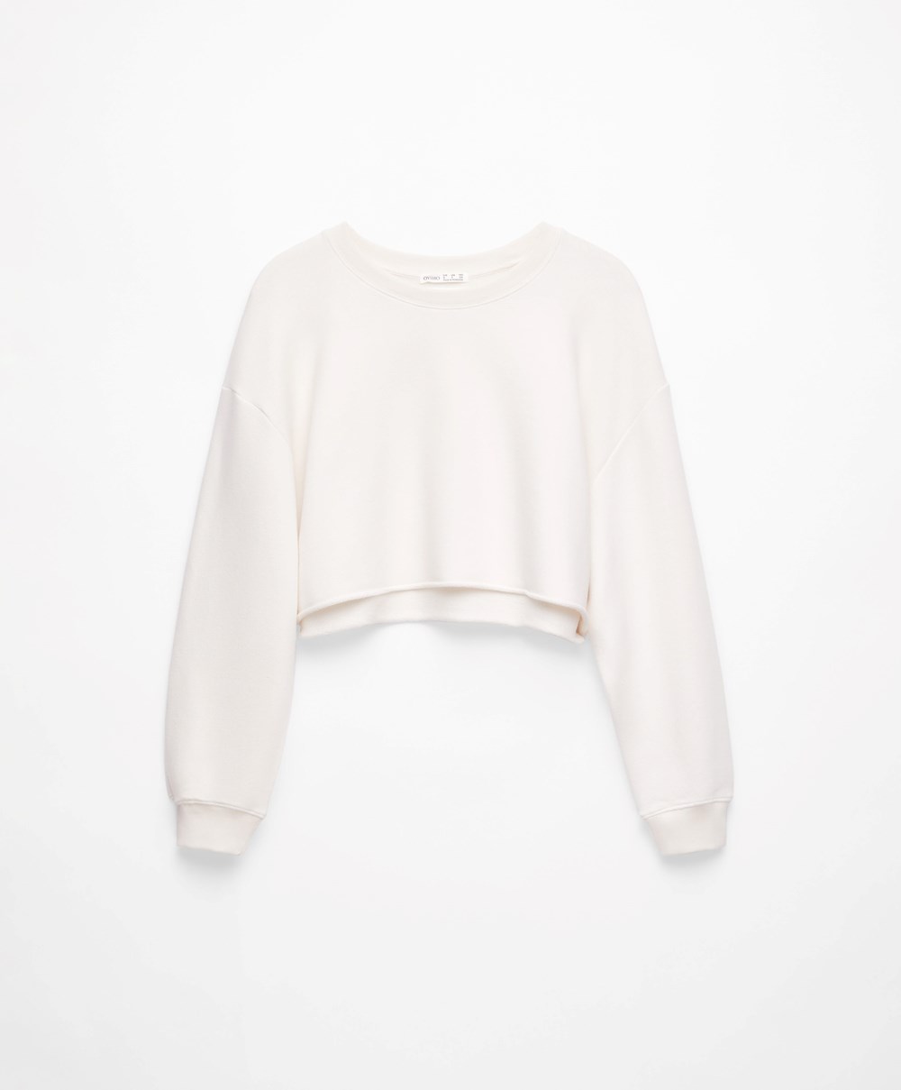 Oysho Cropped Pamut Sweatshirt Cream-white | UIEYBG-836