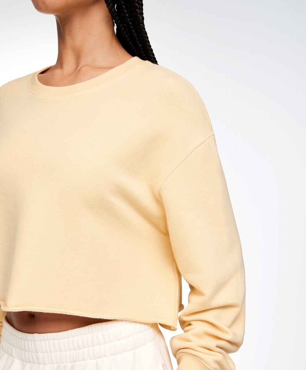 Oysho Cropped Pamut Sweatshirt Sárga | LOGKJA-084