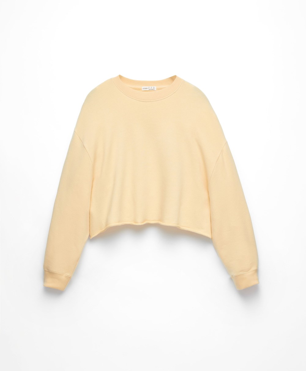 Oysho Cropped Pamut Sweatshirt Sárga | LOGKJA-084