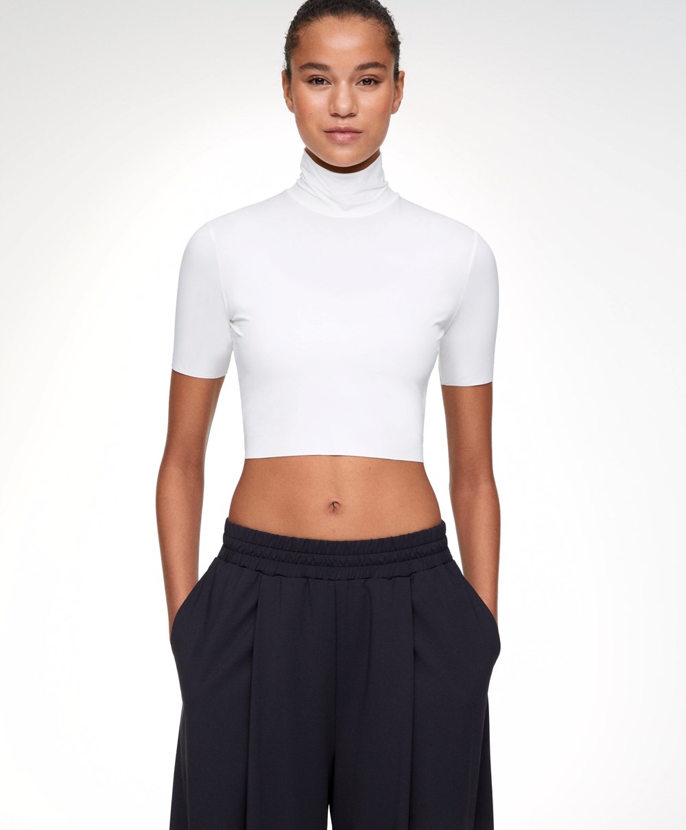 Oysho Cropped T-shirt With Raised Neck Fehér | TOLZMB-583