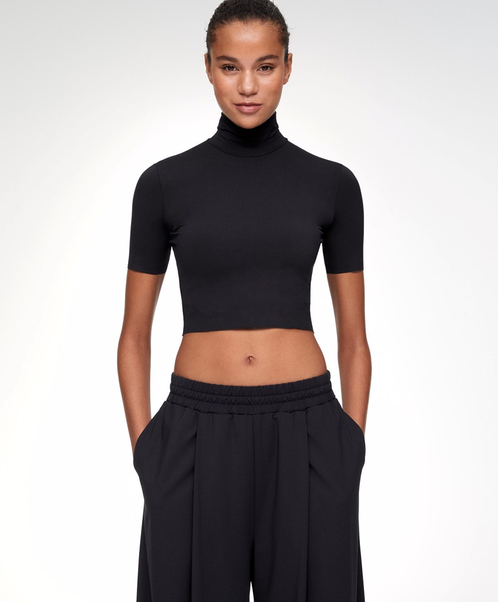 Oysho Cropped T-shirt With Raised Neck Fekete | VDWNQU-148