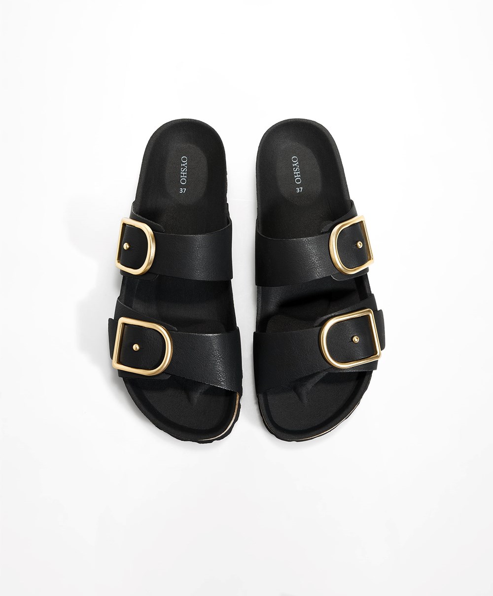 Oysho Csatos Sandals Fekete | FYPMQZ-421