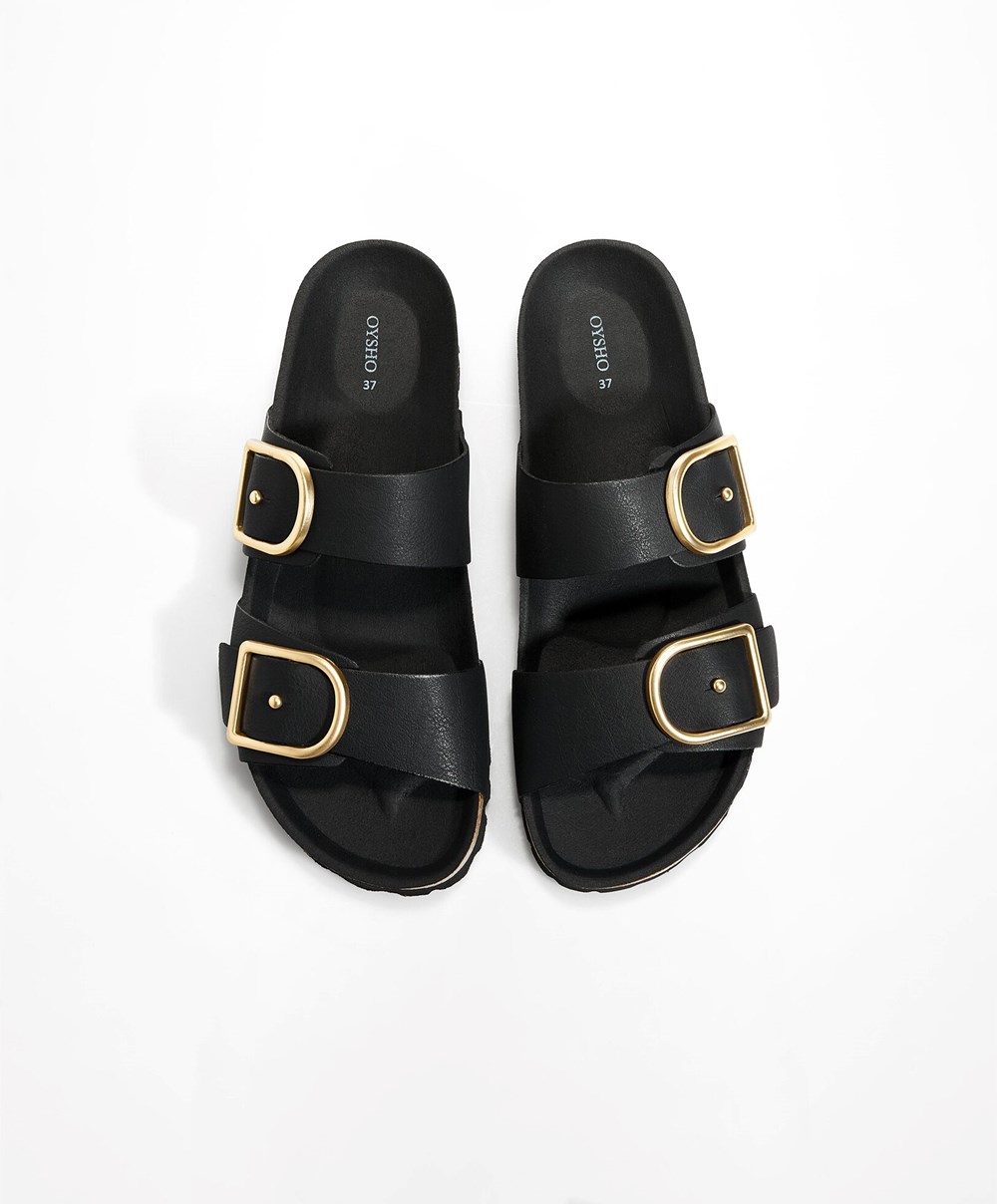 Oysho Csatos Sandals Fekete | JGCRIA-496