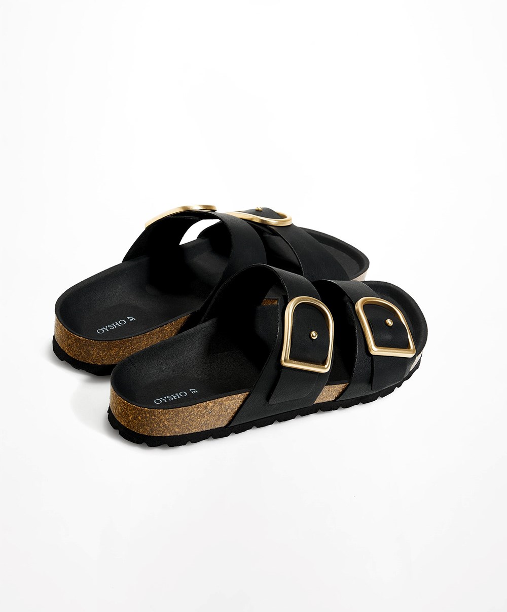 Oysho Csatos Sandals Fekete | JGCRIA-496