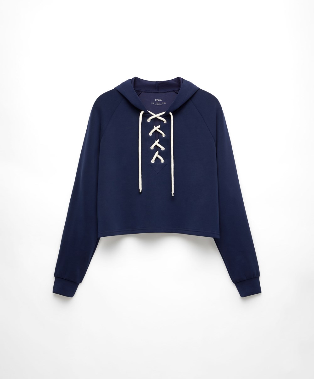 Oysho Csipke-up Modal Sweatshirt Sötétkék Kék | MCYDUR-749