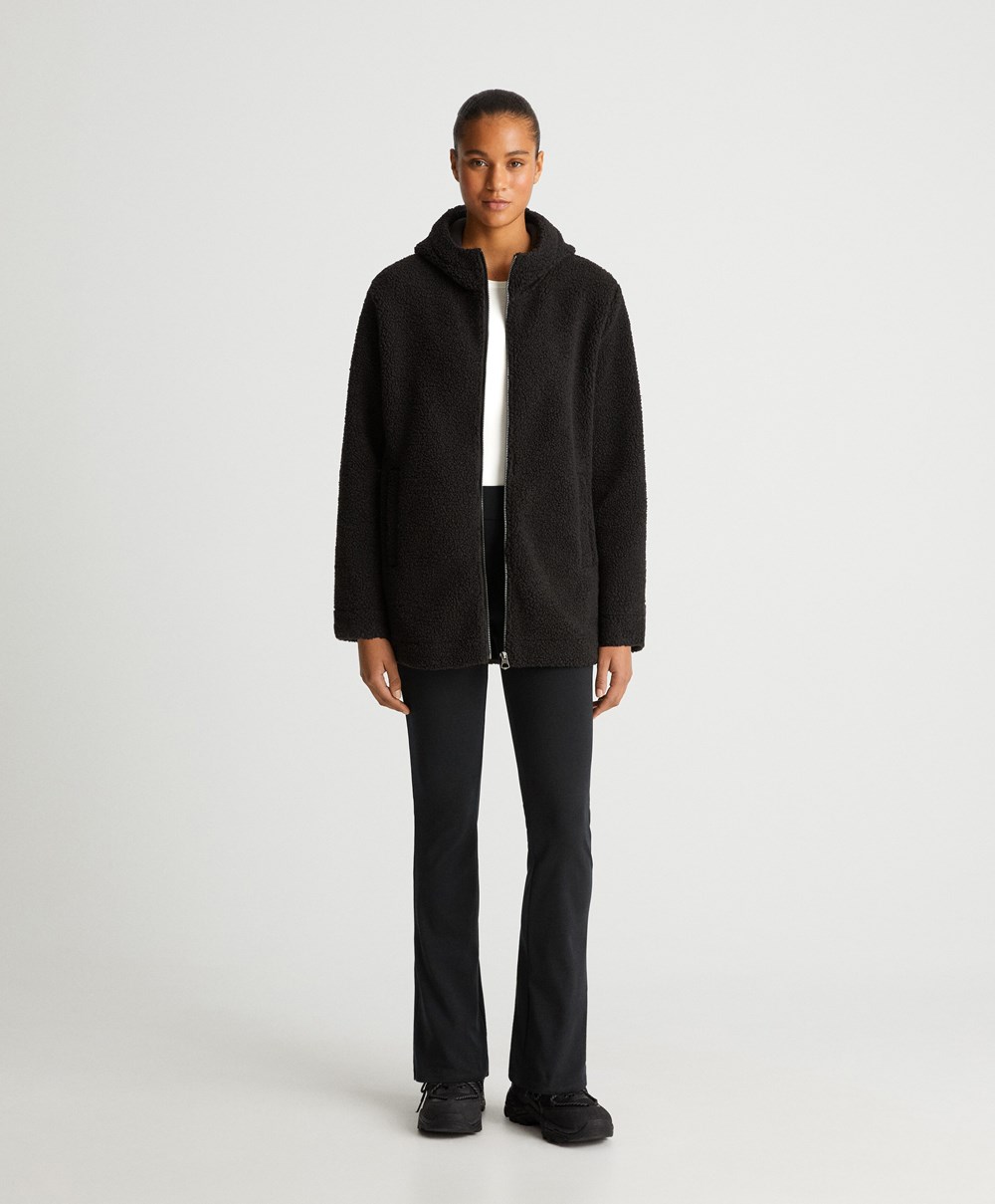 Oysho Csuklyás Fleece Jacket Fekete | TQLJOB-956