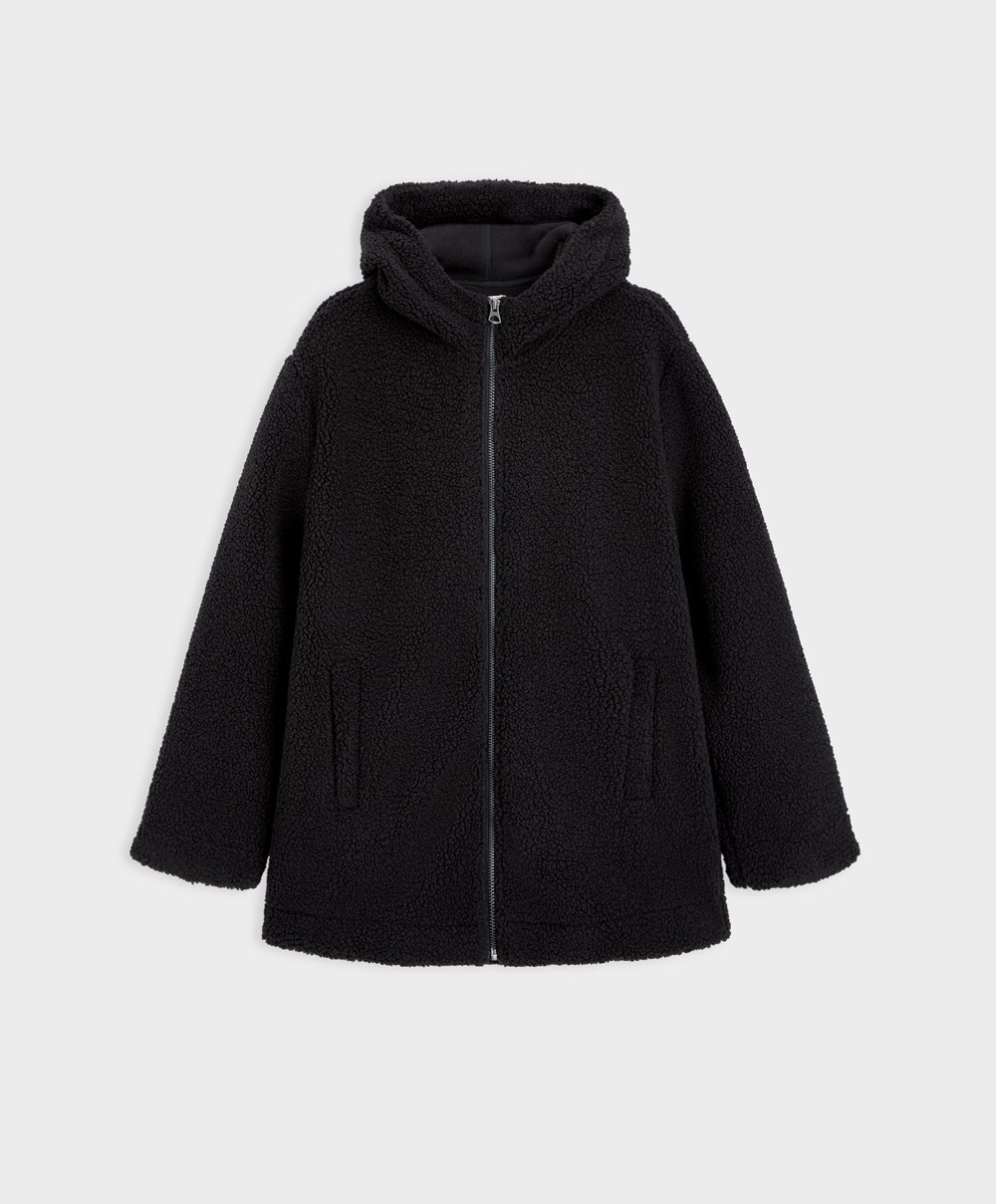 Oysho Csuklyás Fleece Jacket Fekete | TQLJOB-956