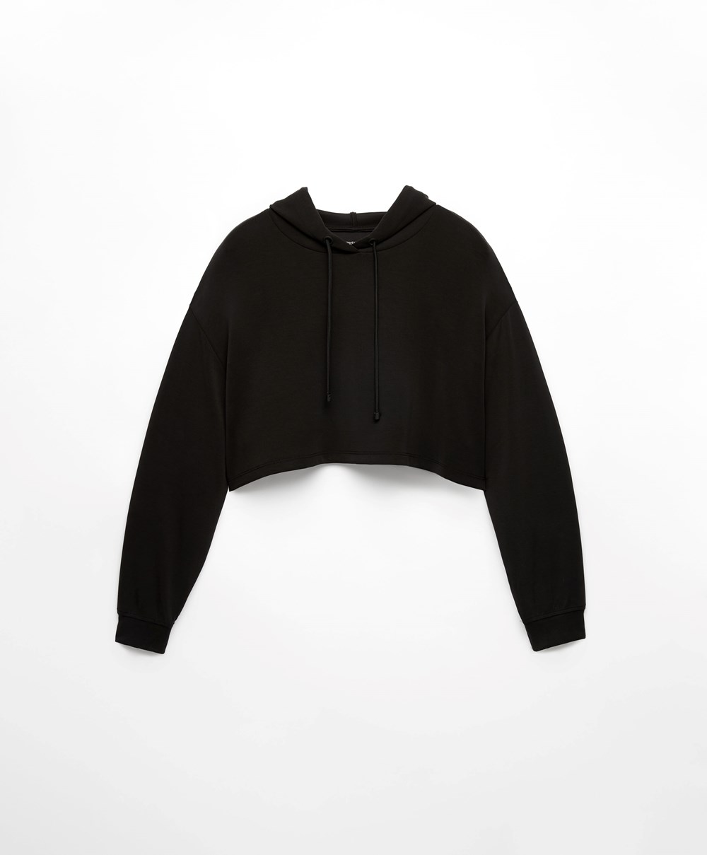 Oysho Csuklyás Modal Crop Sweatshirt Fekete | RIPKUS-064