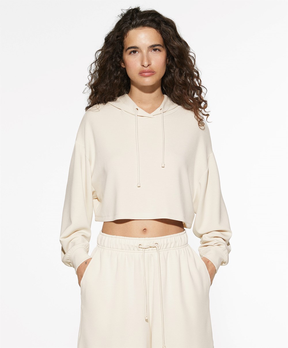 Oysho Csuklyás Modal Crop Sweatshirt Stone | IJYWSA-504