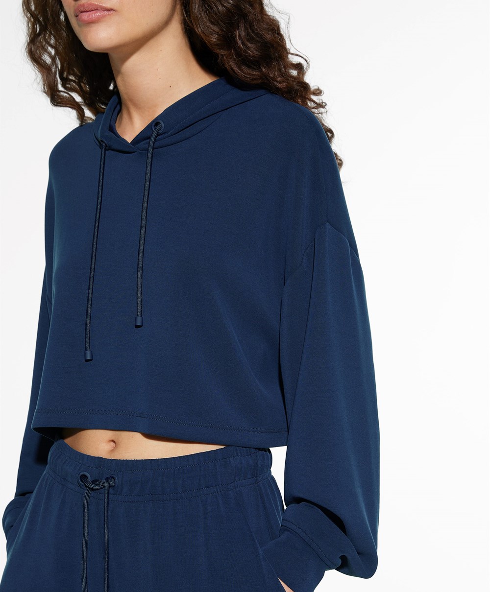 Oysho Csuklyás Modal Crop Sweatshirt Sötétkék Kék | TJRQKZ-853