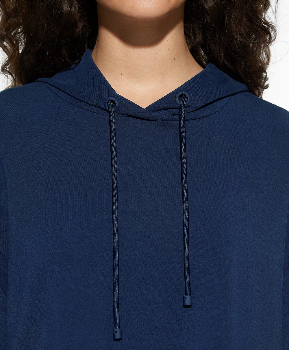 Oysho Csuklyás Modal Crop Sweatshirt Sötétkék Kék | TJRQKZ-853