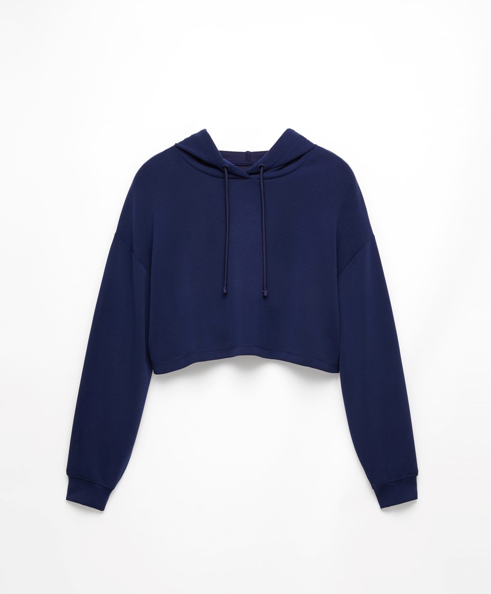 Oysho Csuklyás Modal Crop Sweatshirt Sötétkék Kék | TJRQKZ-853