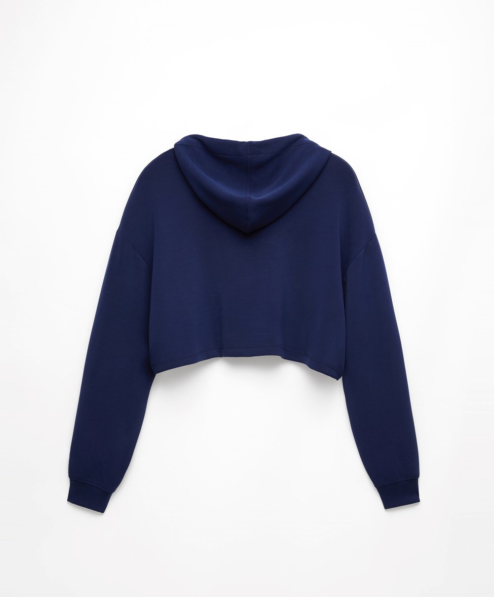 Oysho Csuklyás Modal Crop Sweatshirt Sötétkék Kék | TJRQKZ-853