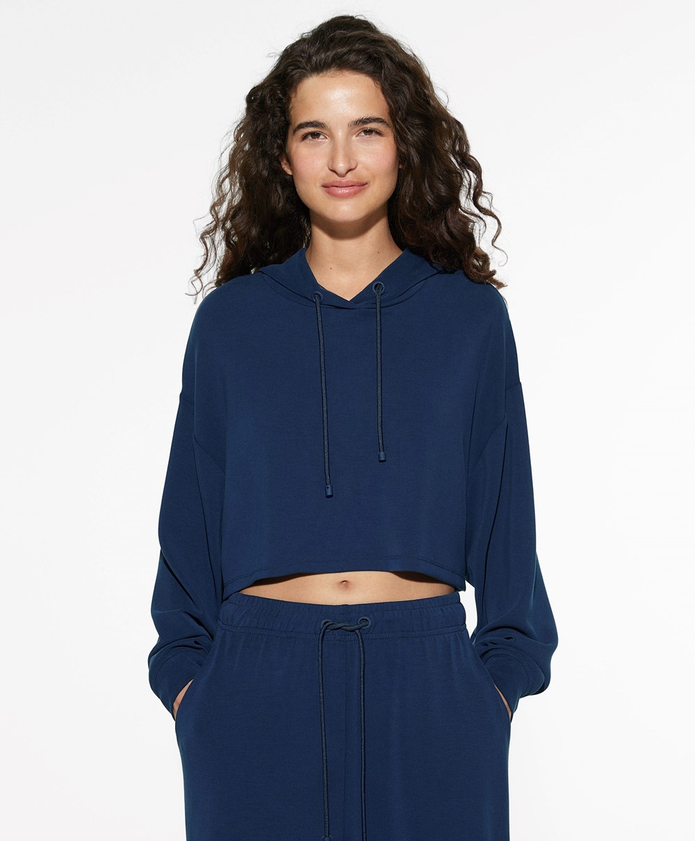 Oysho Csuklyás Modal Crop Sweatshirt Sötétkék Kék | TJRQKZ-853