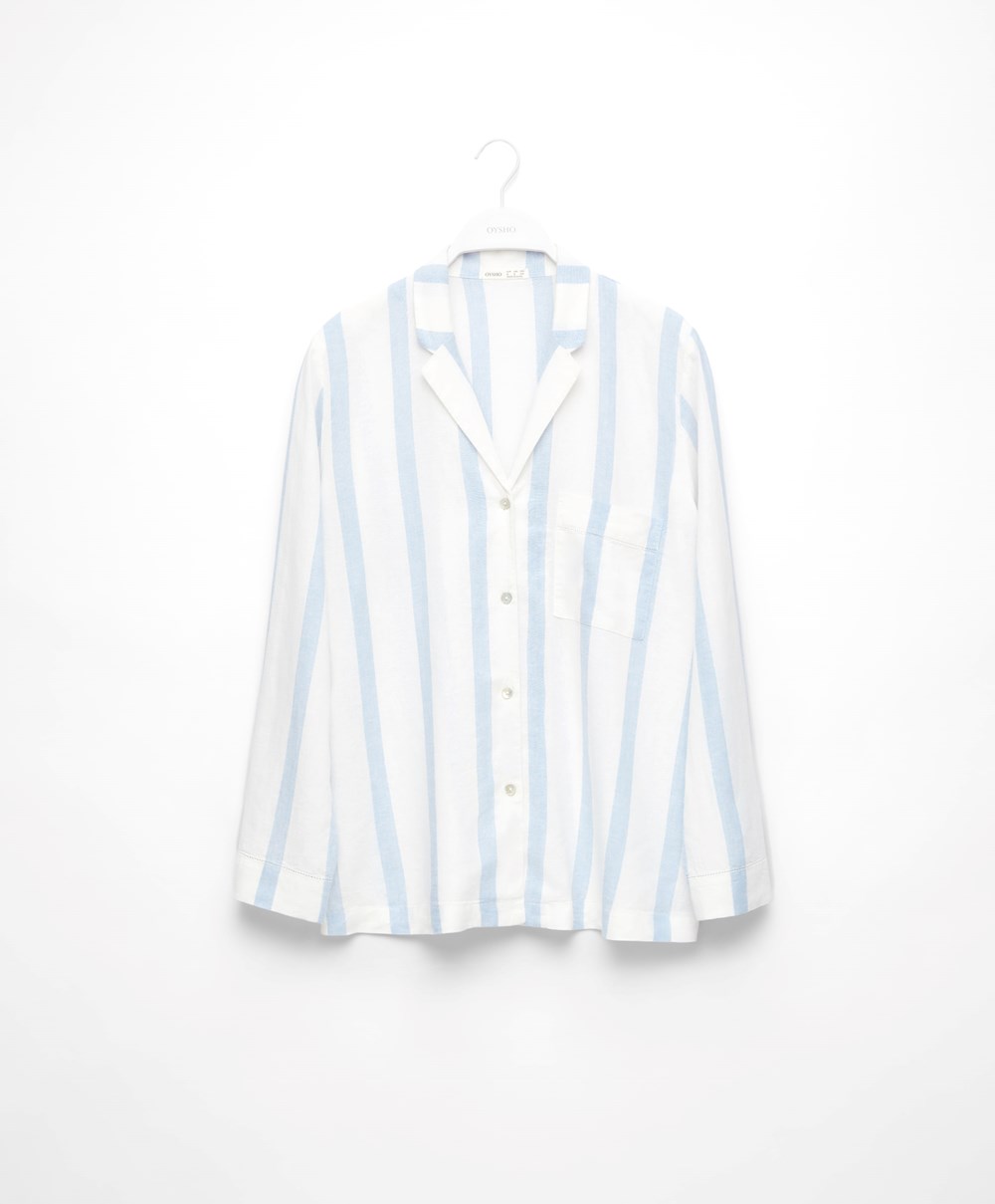 Oysho Csíkos Linen Long-sleeved Shirt Pale Ecru | HIQNOT-407