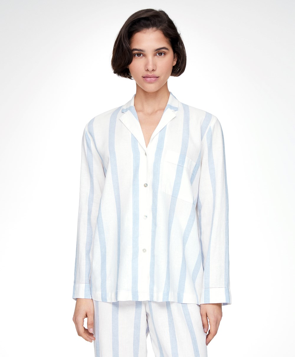 Oysho Csíkos Linen Long-sleeved Shirt Pale Ecru | HIQNOT-407