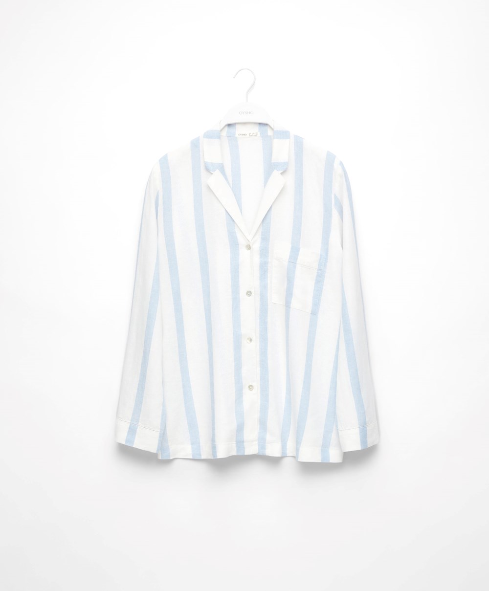 Oysho Csíkos Linen Long-sleeved Shirt Pale Ecru | ILRNAY-139