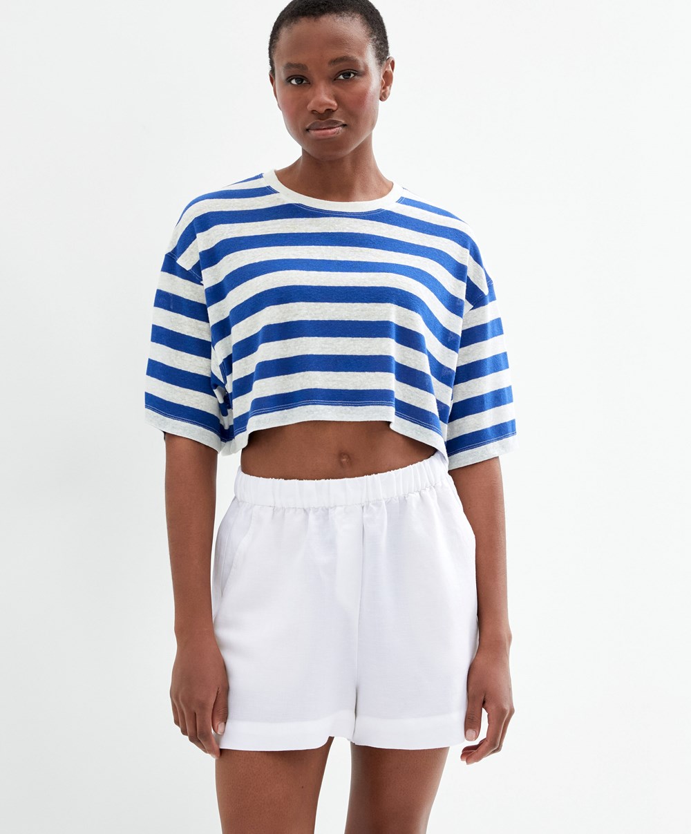 Oysho Csíkos Linen Rövid-sleeved Crop T-shirt Kék | ABKDPG-093