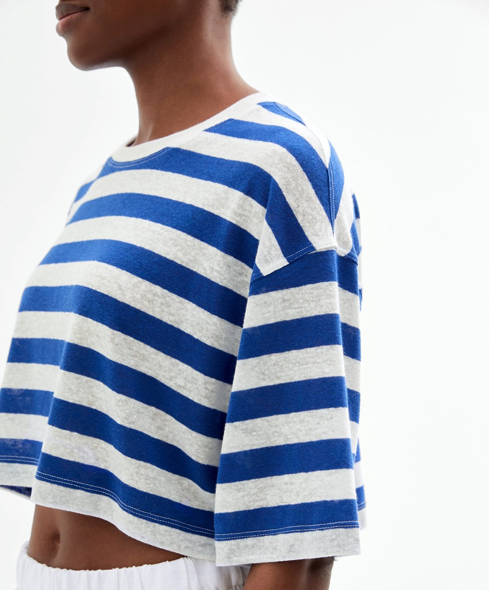 Oysho Csíkos Linen Rövid-sleeved Crop T-shirt Kék | ABKDPG-093