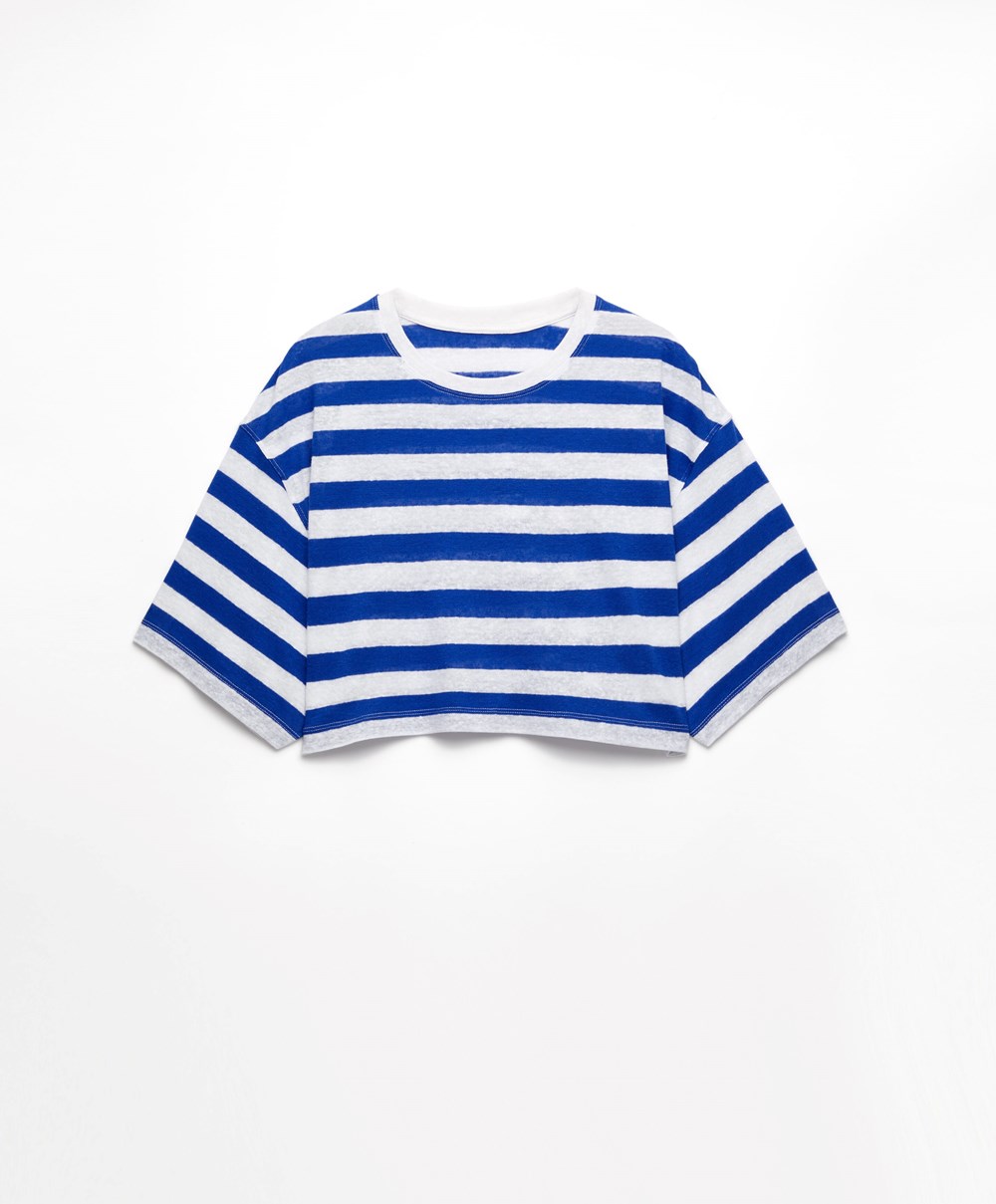 Oysho Csíkos Linen Rövid-sleeved Crop T-shirt Kék | ABKDPG-093