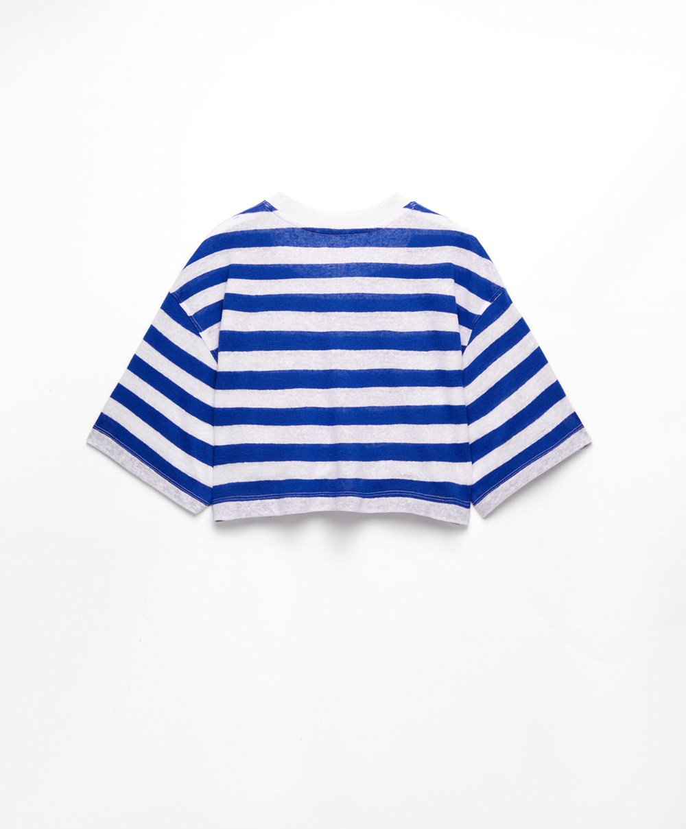 Oysho Csíkos Linen Rövid-sleeved Crop T-shirt Kék | ABKDPG-093