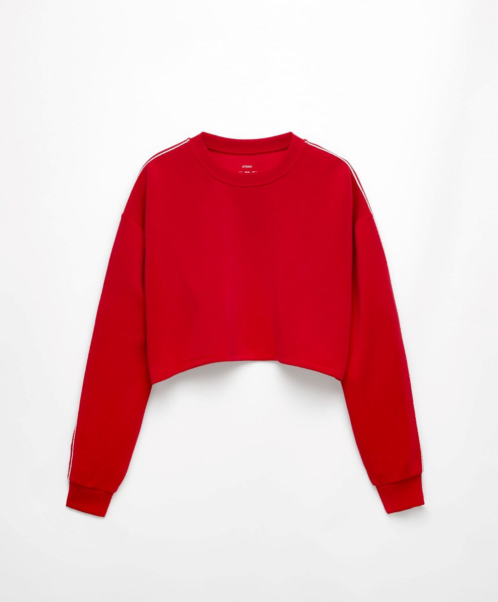 Oysho Csíkos Modal Crop Sweatshirt Piros | FDVERM-716