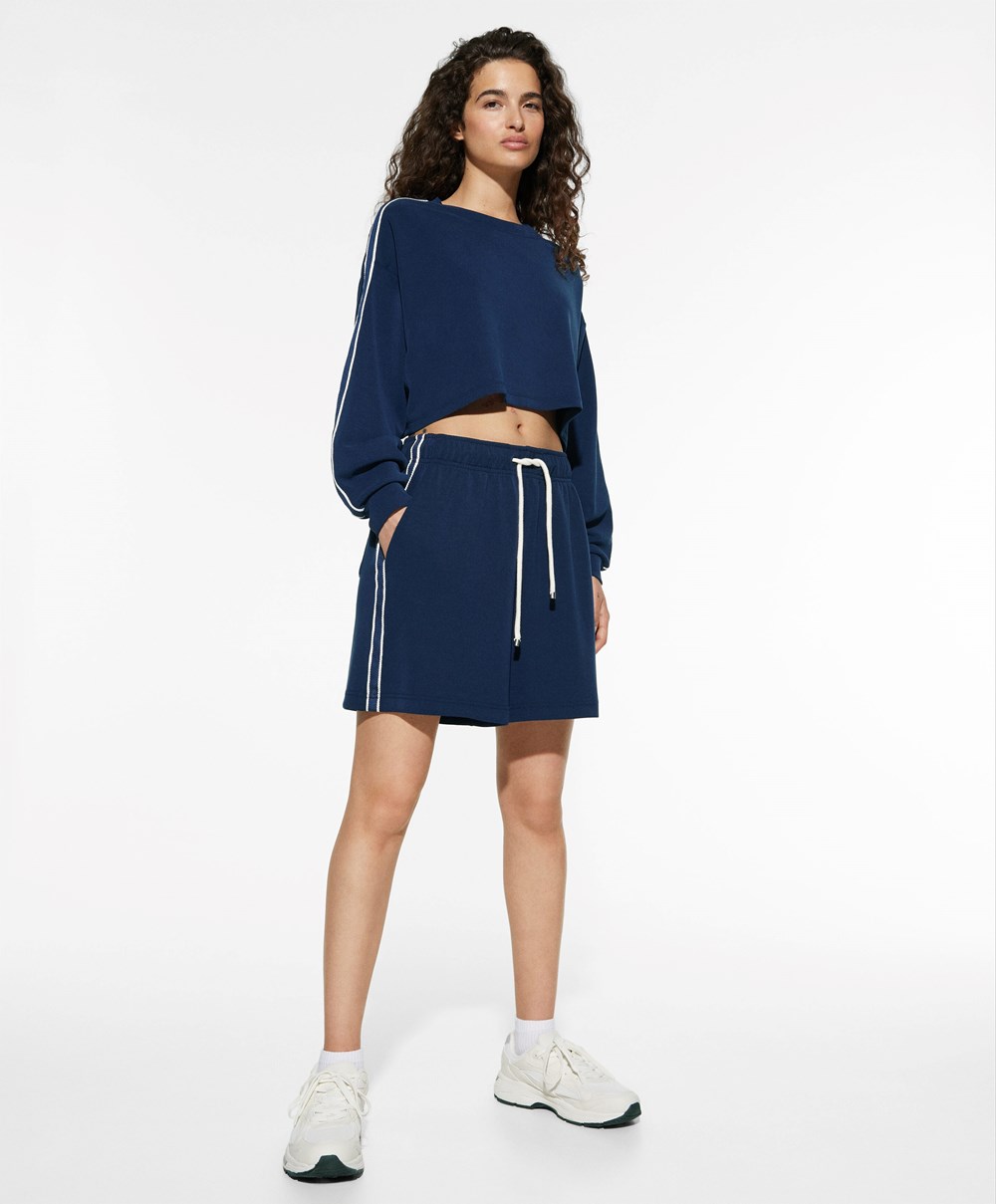 Oysho Csíkos Modal Crop Sweatshirt Sötétkék Kék | CJXOLD-893