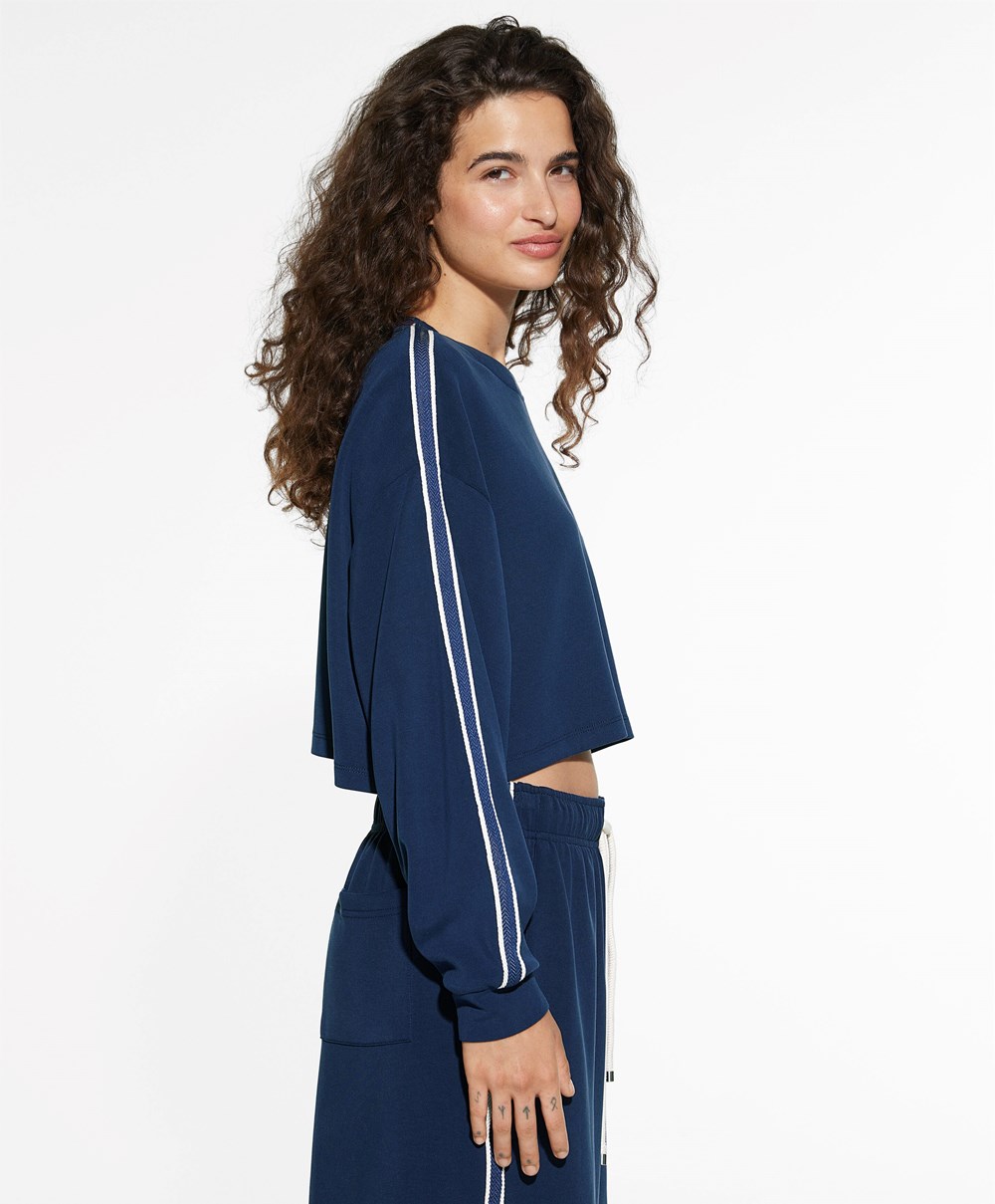 Oysho Csíkos Modal Crop Sweatshirt Sötétkék Kék | CJXOLD-893