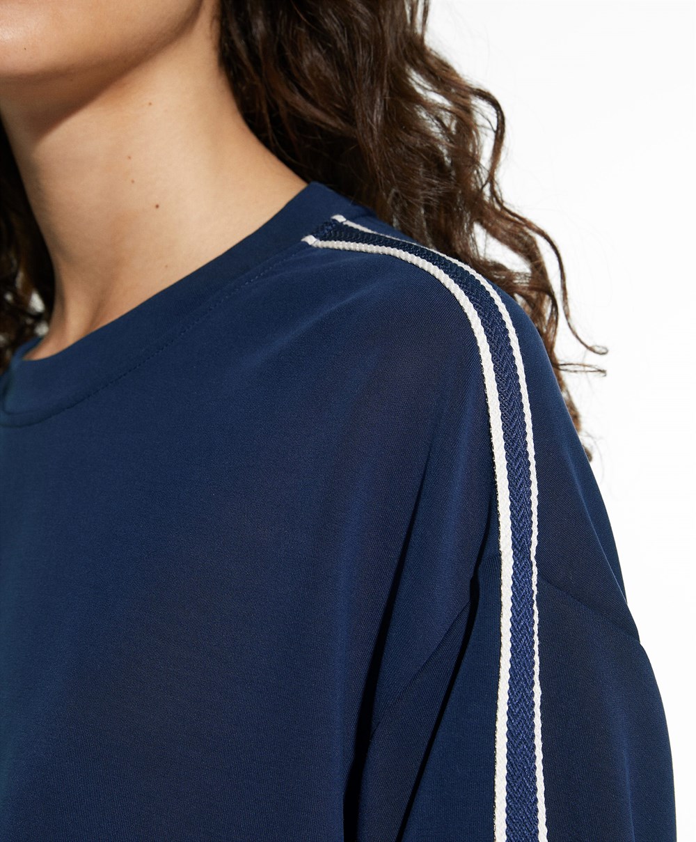 Oysho Csíkos Modal Crop Sweatshirt Sötétkék Kék | CJXOLD-893