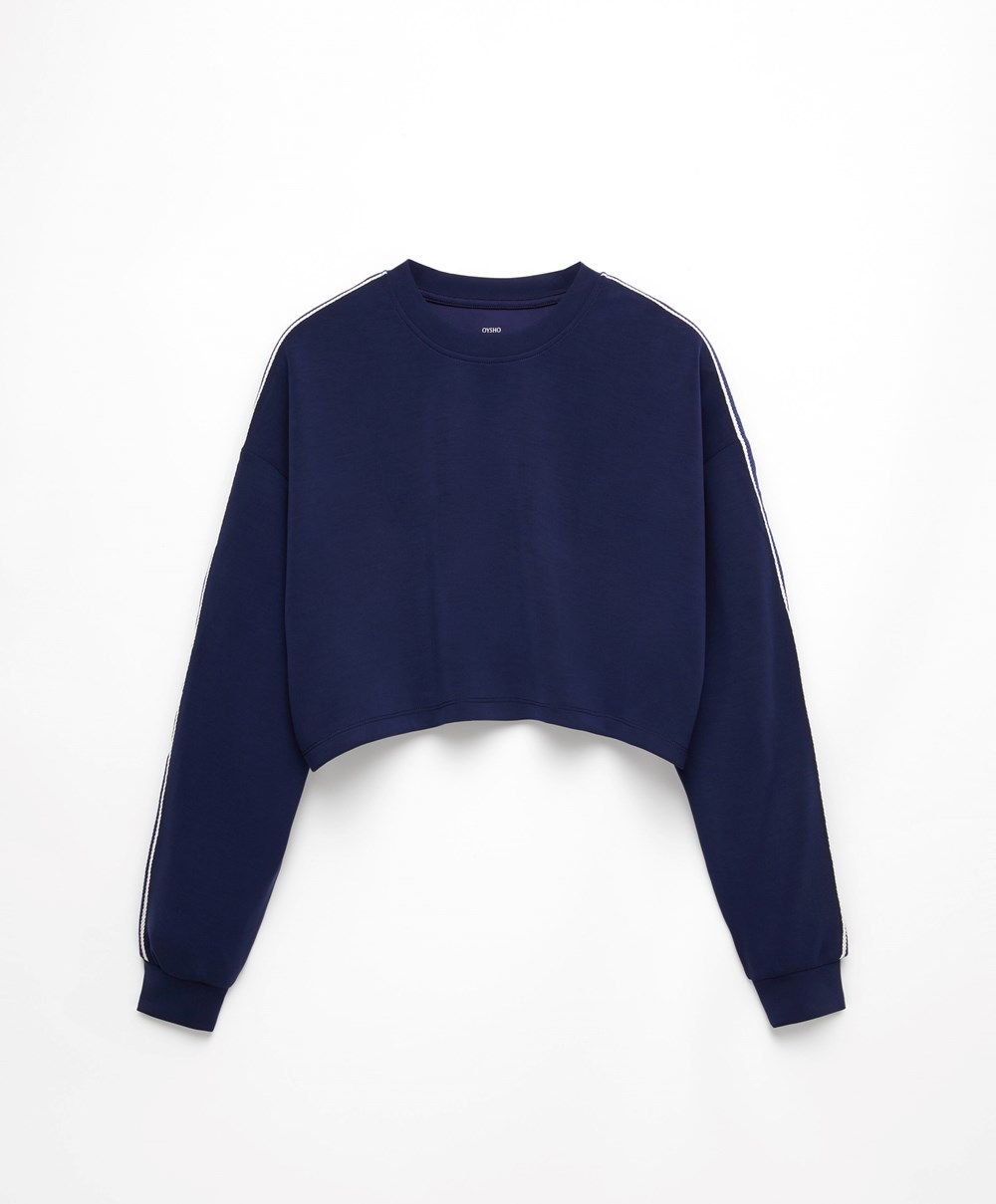 Oysho Csíkos Modal Crop Sweatshirt Sötétkék Kék | CJXOLD-893