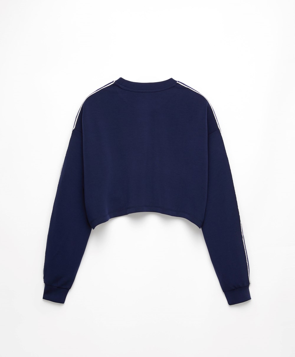 Oysho Csíkos Modal Crop Sweatshirt Sötétkék Kék | CJXOLD-893