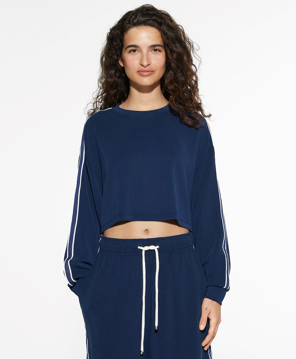 Oysho Csíkos Modal Crop Sweatshirt Sötétkék Kék | CJXOLD-893