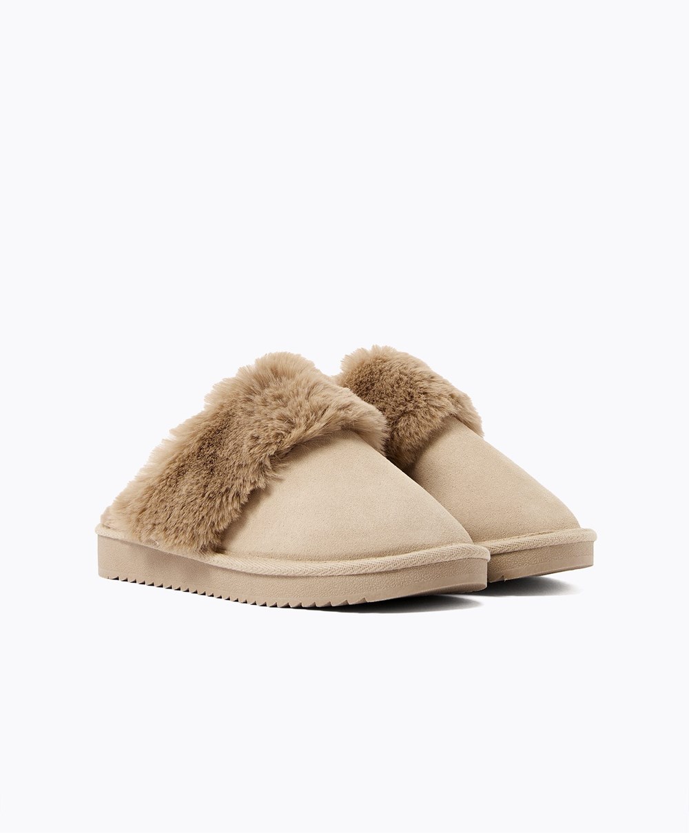 Oysho Cuff Split-leather Slippers Sand | UIDQJB-751