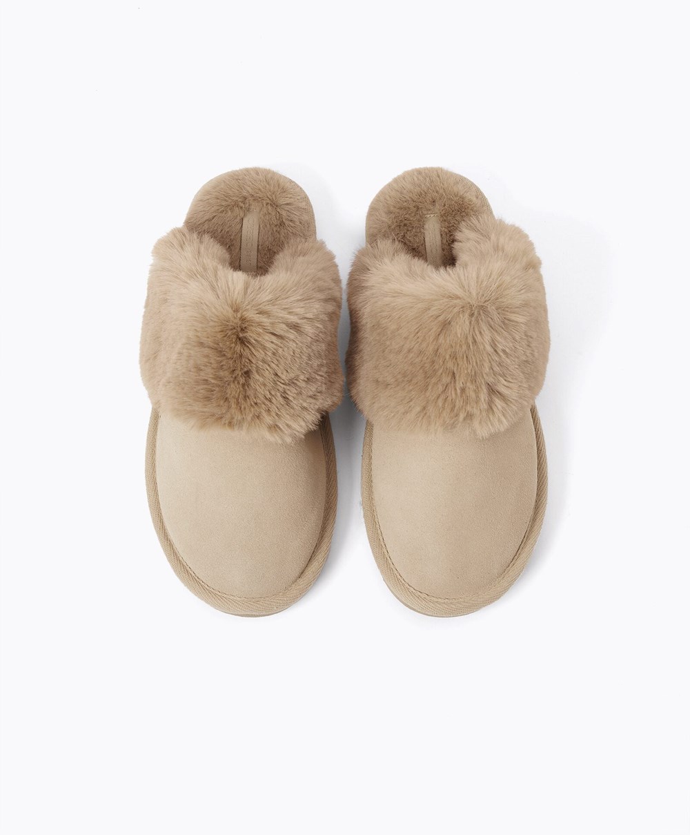 Oysho Cuff Split-leather Slippers Sand | UIDQJB-751