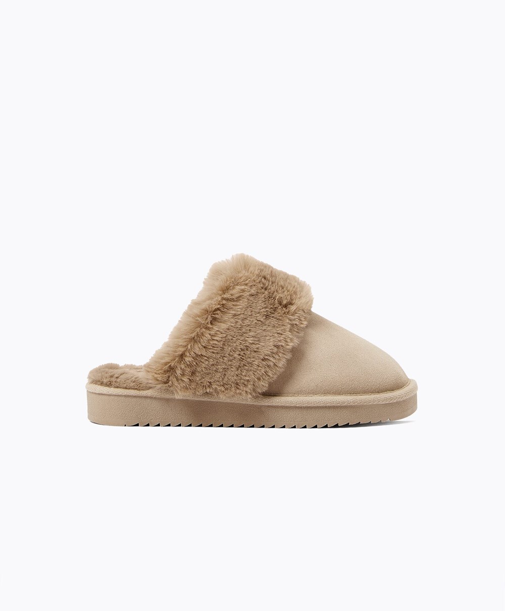 Oysho Cuff Split-leather Slippers Sand | UIDQJB-751