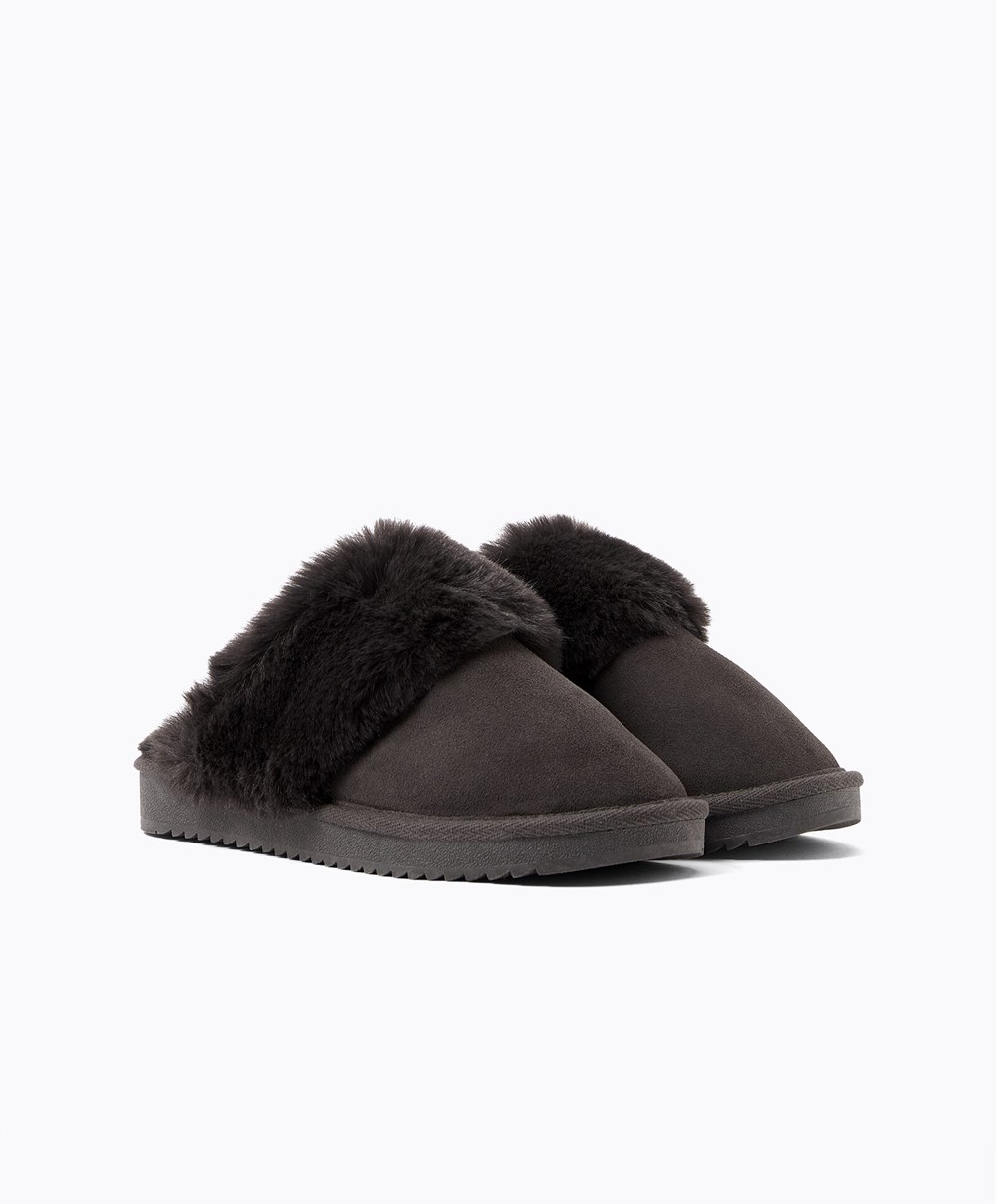 Oysho Cuff Split-leather Slippers Szürke | HMNDWR-093