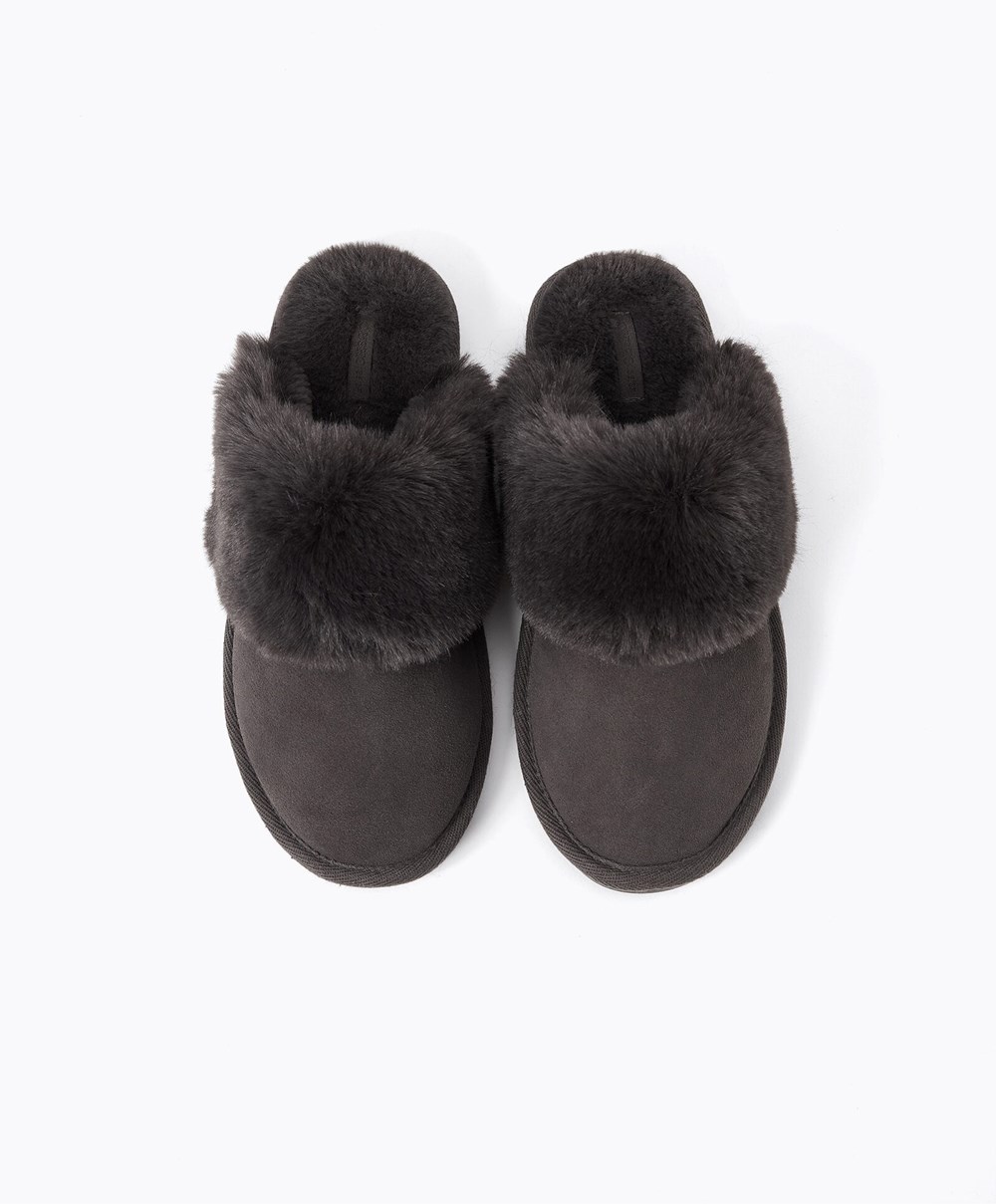 Oysho Cuff Split-leather Slippers Szürke | HMNDWR-093