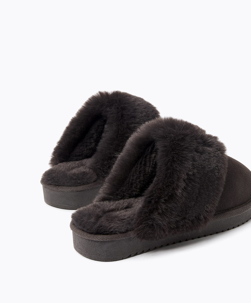 Oysho Cuff Split-leather Slippers Szürke | HMNDWR-093