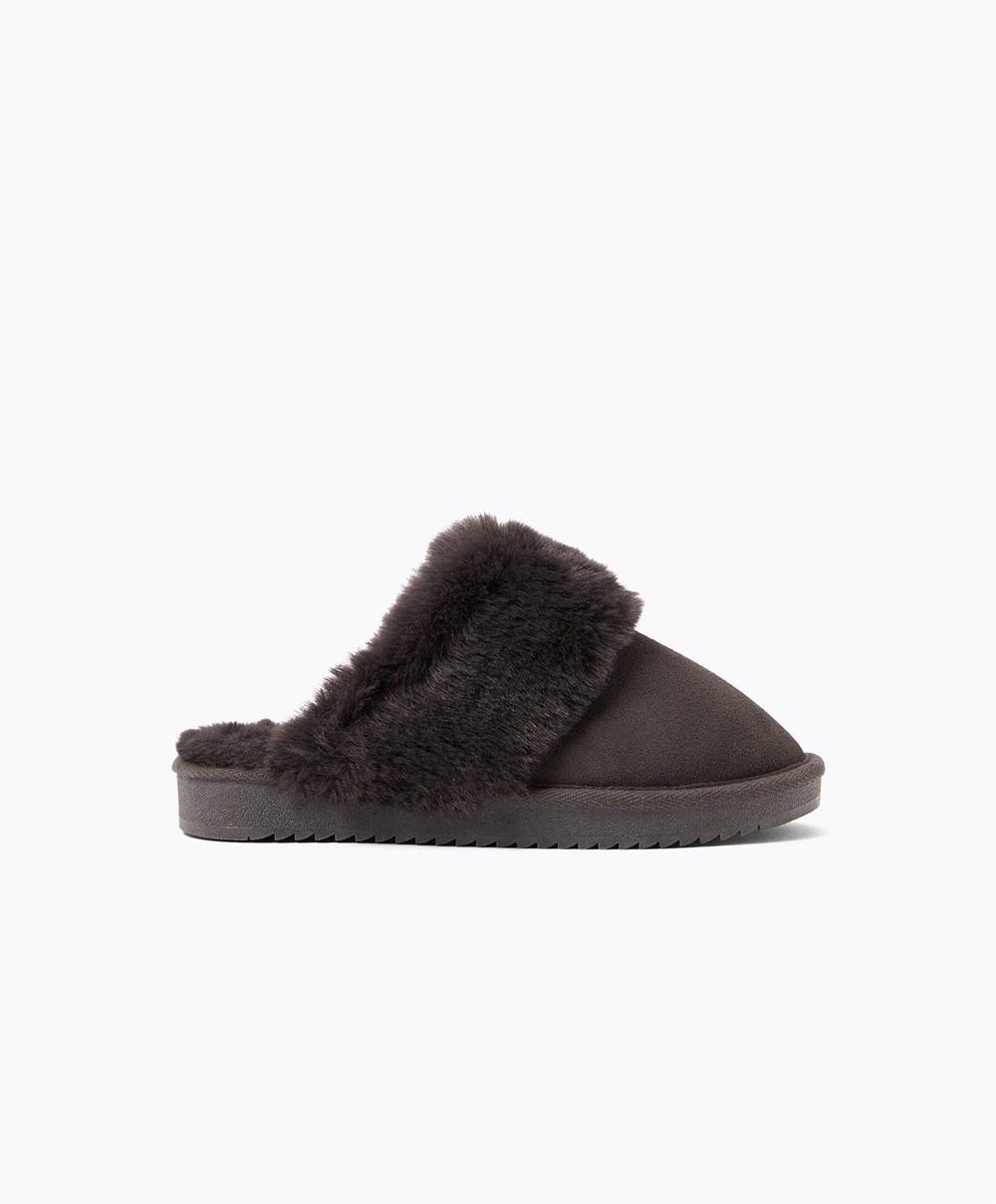 Oysho Cuff Split-leather Slippers Szürke | HMNDWR-093