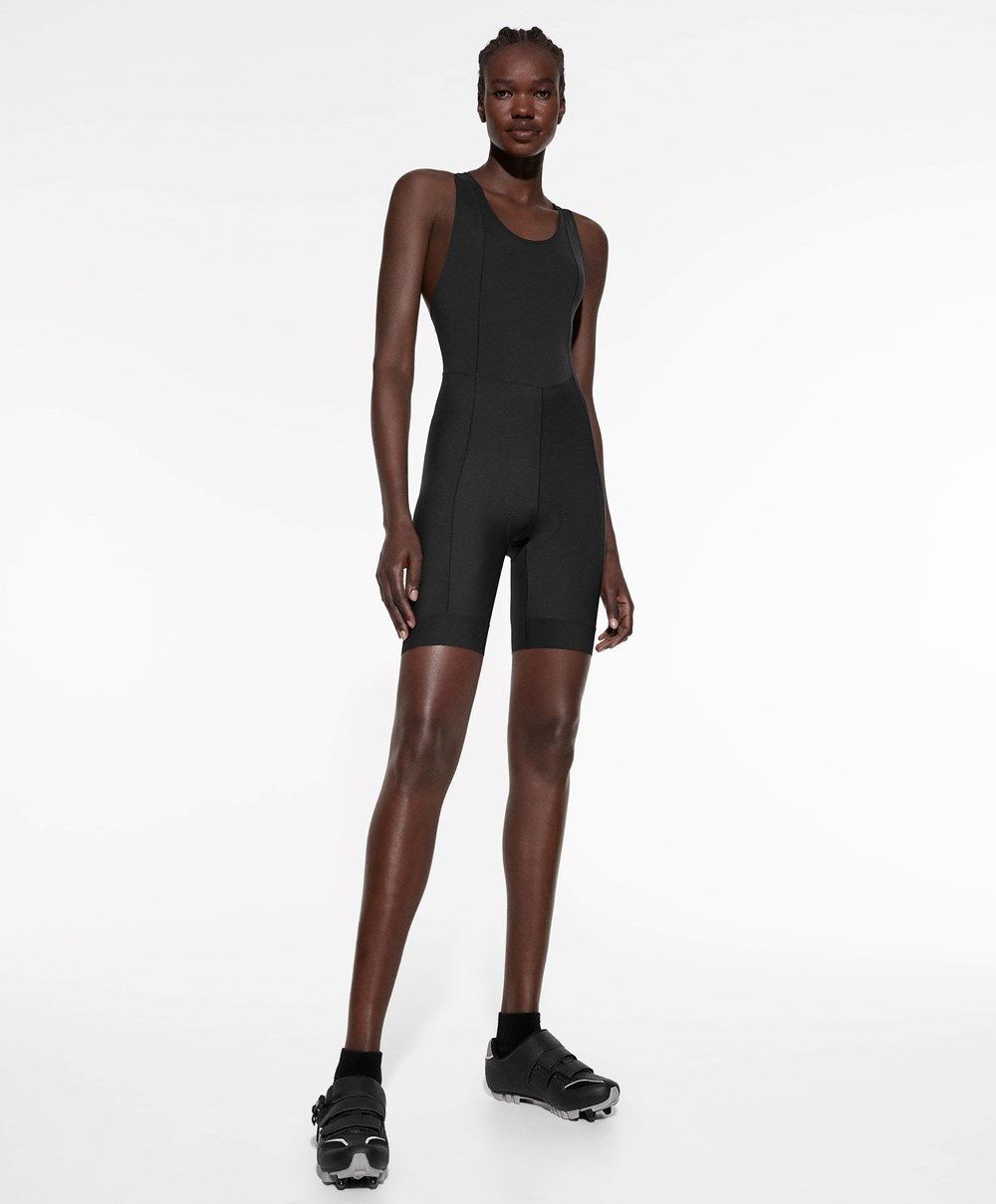 Oysho Cycling Rövid One-piece With Straps Fekete | GXCAHM-402