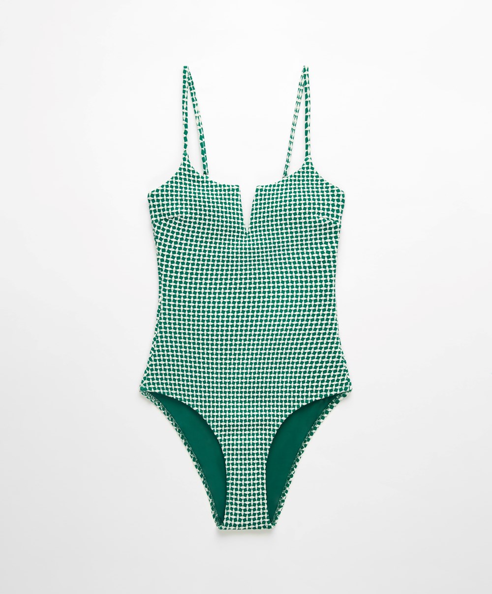 Oysho Ditsy Geometric Notched Neckline Swimsuit Zöld | OXMTVH-870