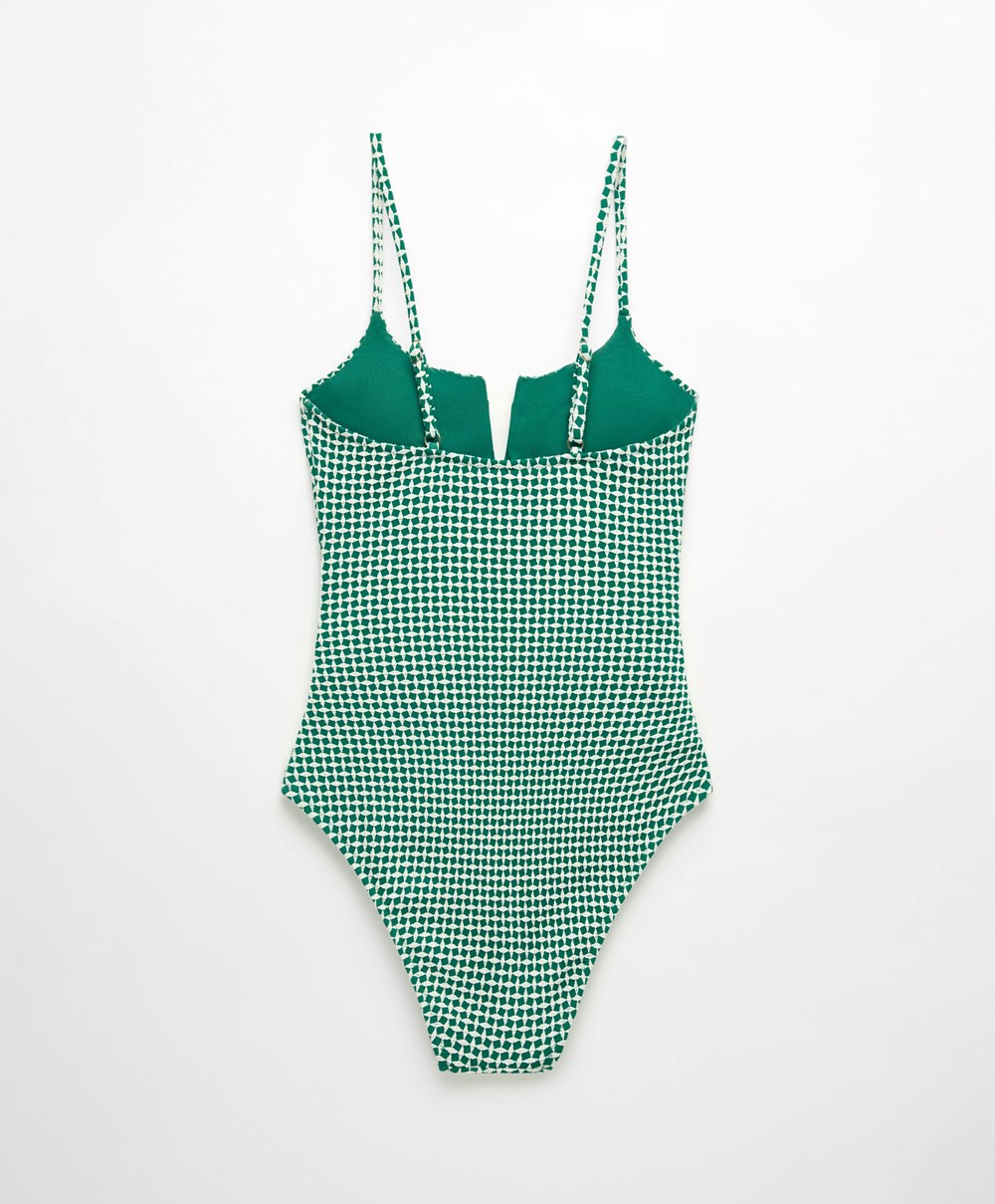 Oysho Ditsy Geometric Notched Neckline Swimsuit Zöld | OXMTVH-870