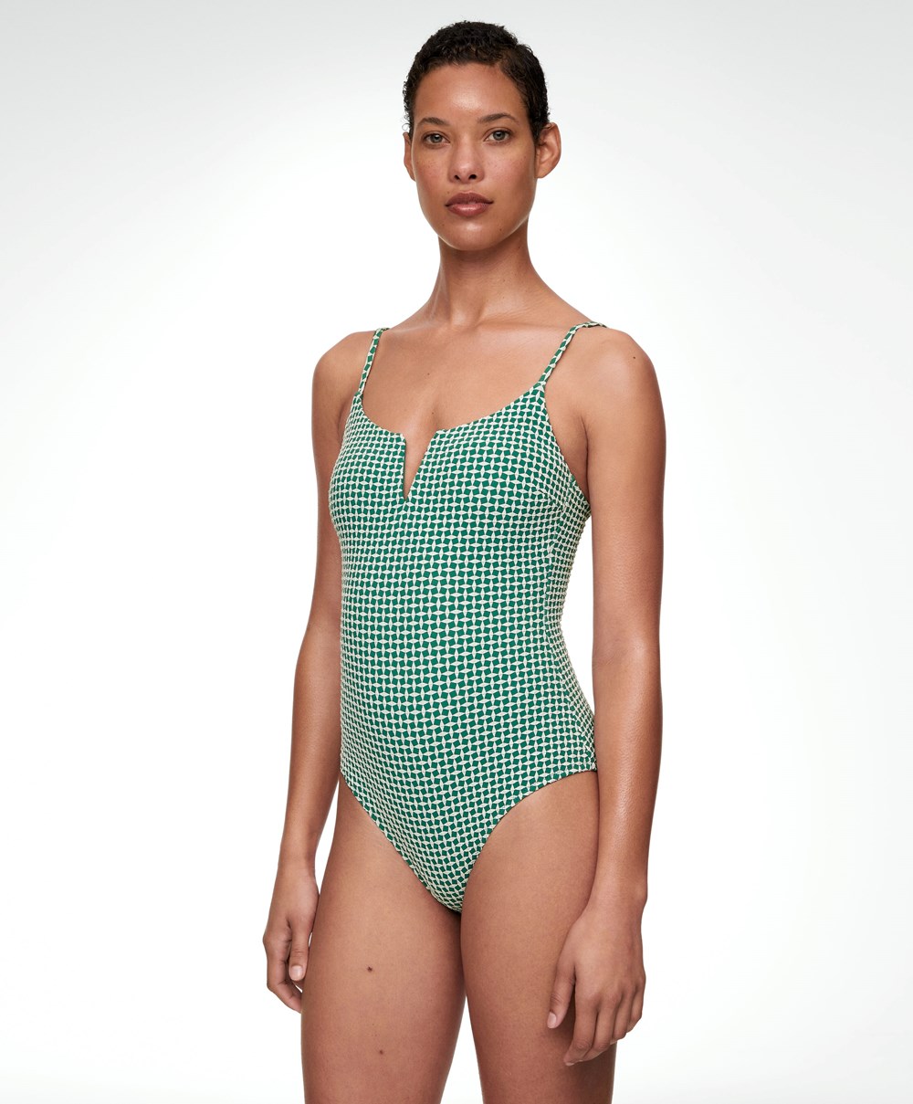 Oysho Ditsy Geometric Notched Neckline Swimsuit Zöld | OXMTVH-870