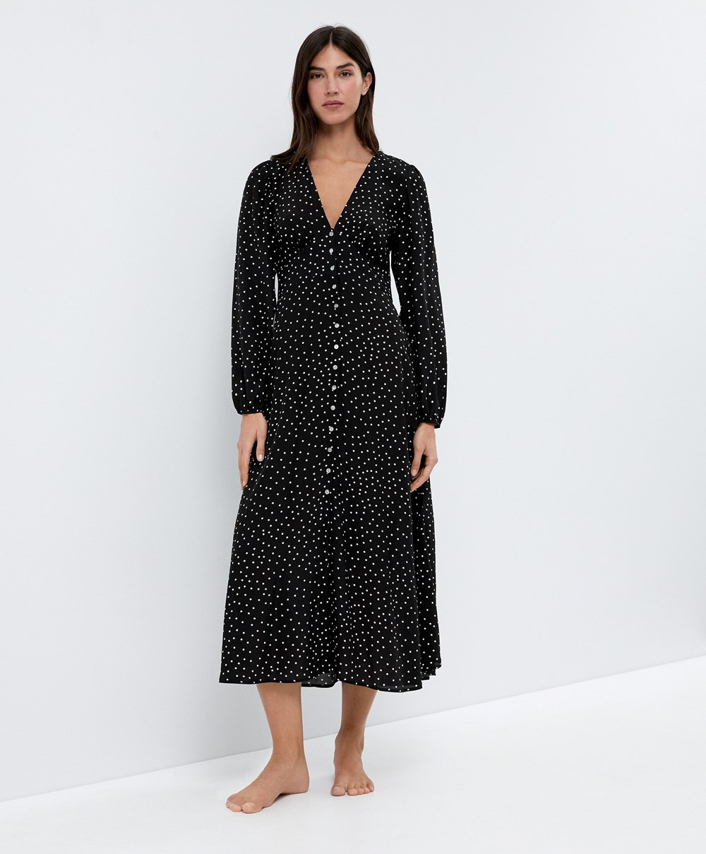 Oysho Dotted Long-sleeved Long Ruha Fekete | MKVPCI-206