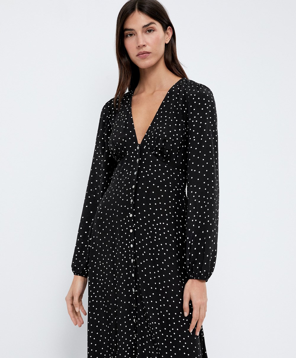 Oysho Dotted Long-sleeved Long Ruha Fekete | MKVPCI-206